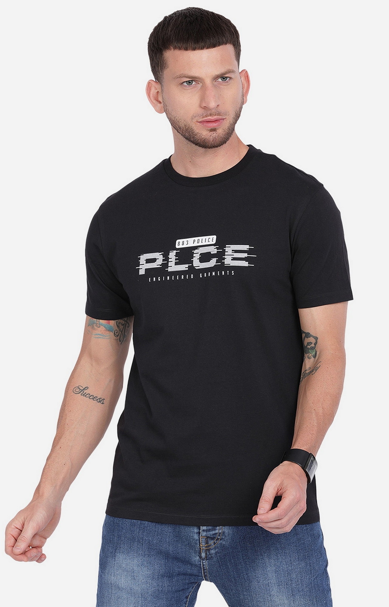 883 Police | Men's Black Cotton Typographic Printed T-Shirt 0