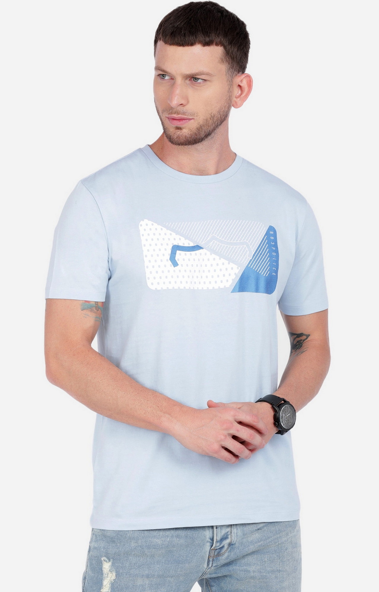 883 Police | Men's Blue Melange Cotton Graphics T-Shirt 0