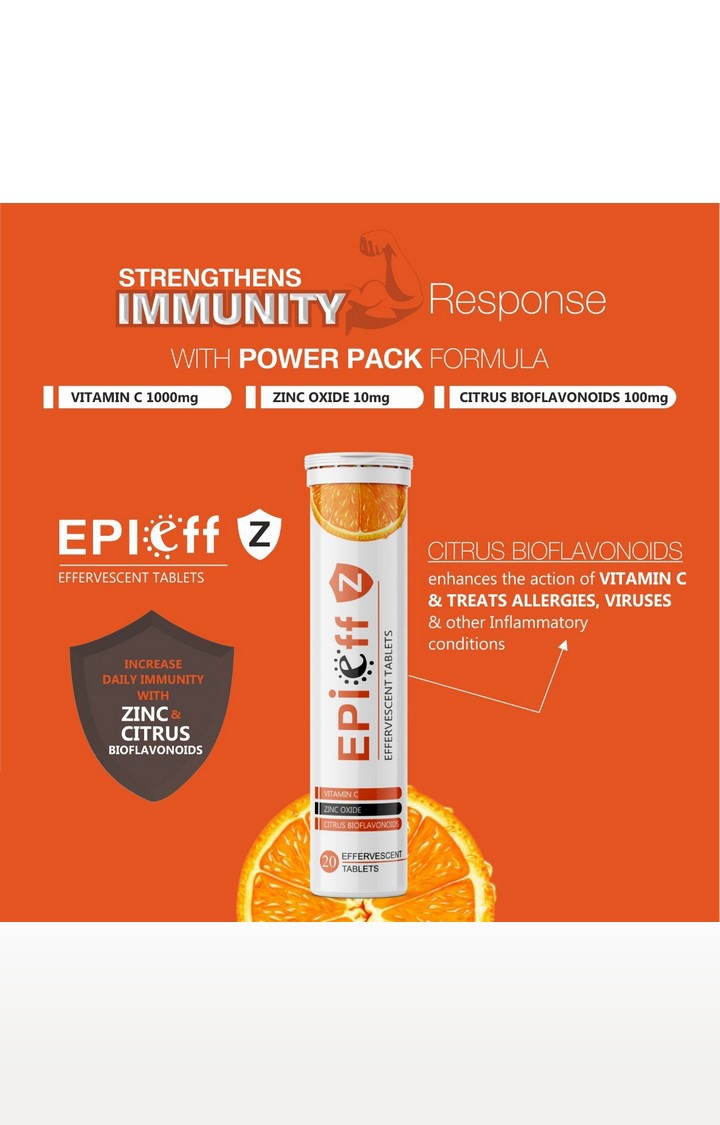 Epieff Z - EPIEFF-Z Vitamin-C, Zinc and Citrus Bioflavonoids - Immunity Booster Supplements : 20 Effervescent Tablets : Pack of 03