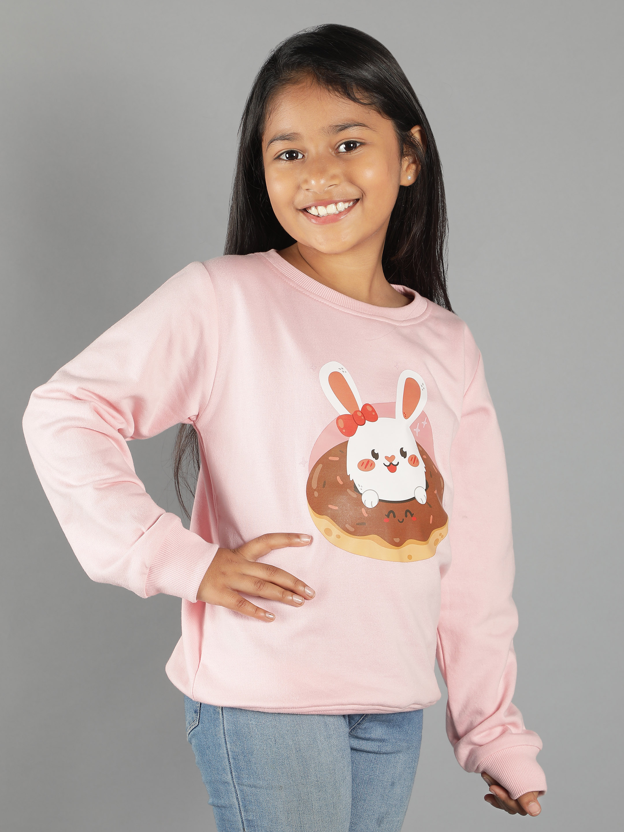 Ninos Dreams Bunny Doughnut Print Pink Full Sleeves for Girls Sweatshirt-Pink