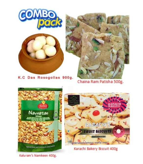 Special Rosogollas, Patisha, Fruit Biscuit, Navratan Namkeen Combo Gift Pack.