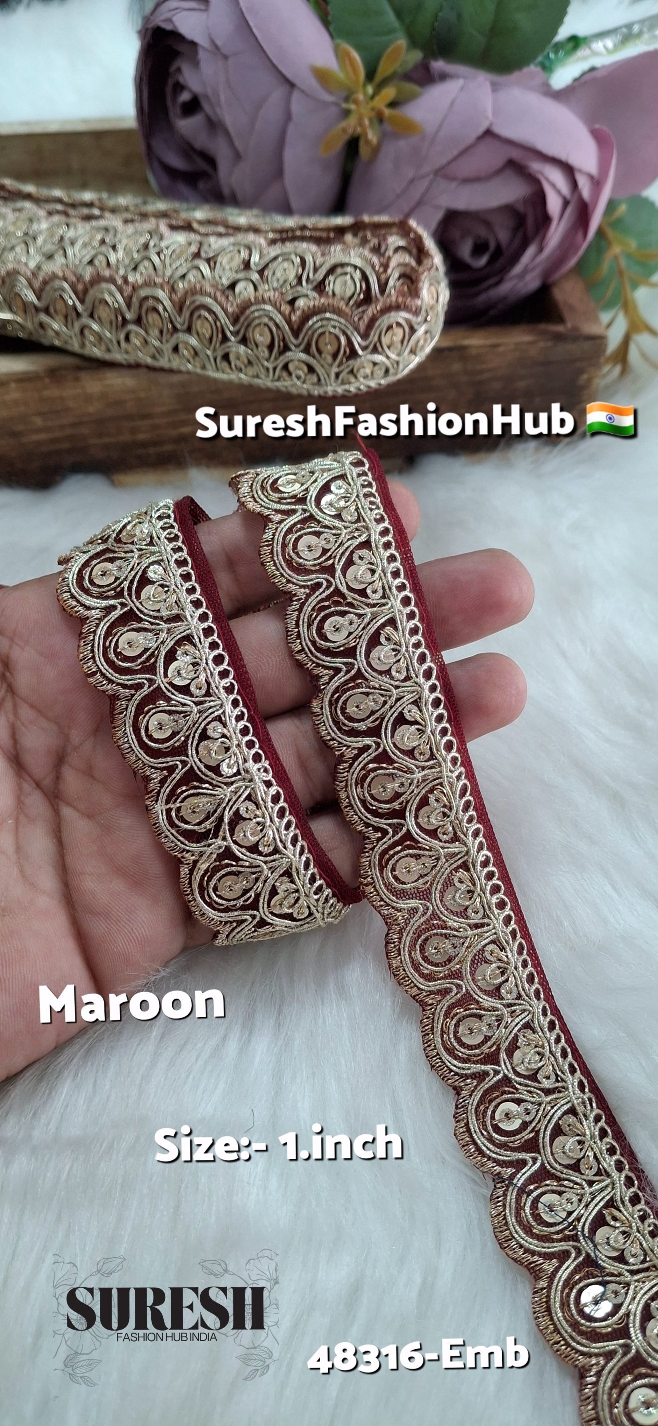 Maroon Pearl Dori One Side Scallop Embroidery Lace
