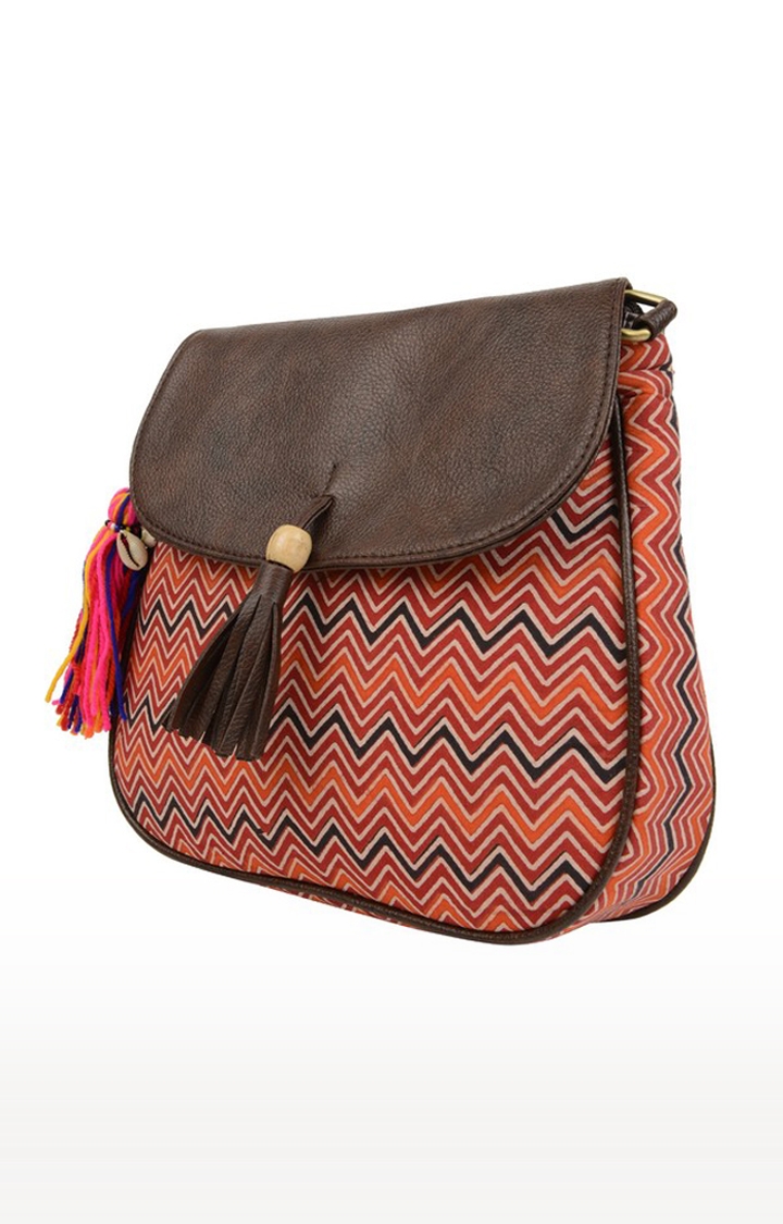 Vivinkaa | Vivinkaa Orange Women's Ethnic Leatherette/Cotton Multi Zigzag Tassel Printed Sling Bag 3