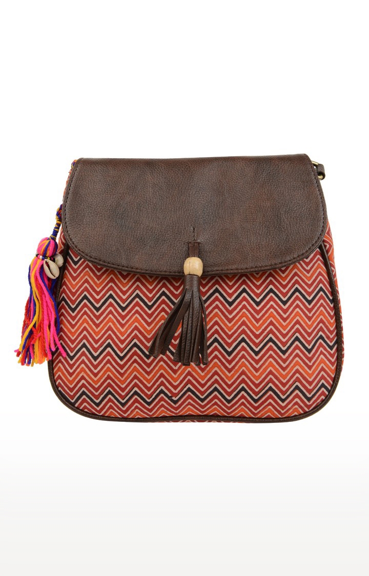 Vivinkaa | Vivinkaa Orange Women's Ethnic Leatherette/Cotton Multi Zigzag Tassel Printed Sling Bag 4
