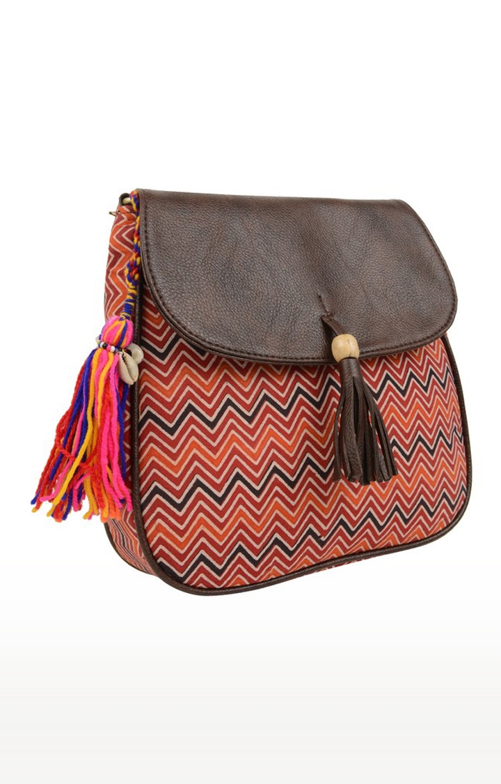 Vivinkaa | Vivinkaa Orange Women's Ethnic Leatherette/Cotton Multi Zigzag Tassel Printed Sling Bag 2