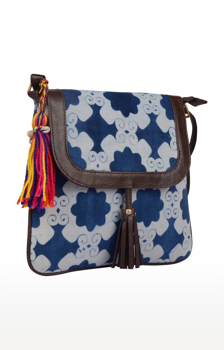 Vivinkaa | Vivinkaa Indigo Blue Boston Ethnic Faux Leather Cotton Printed Sling Bag 2
