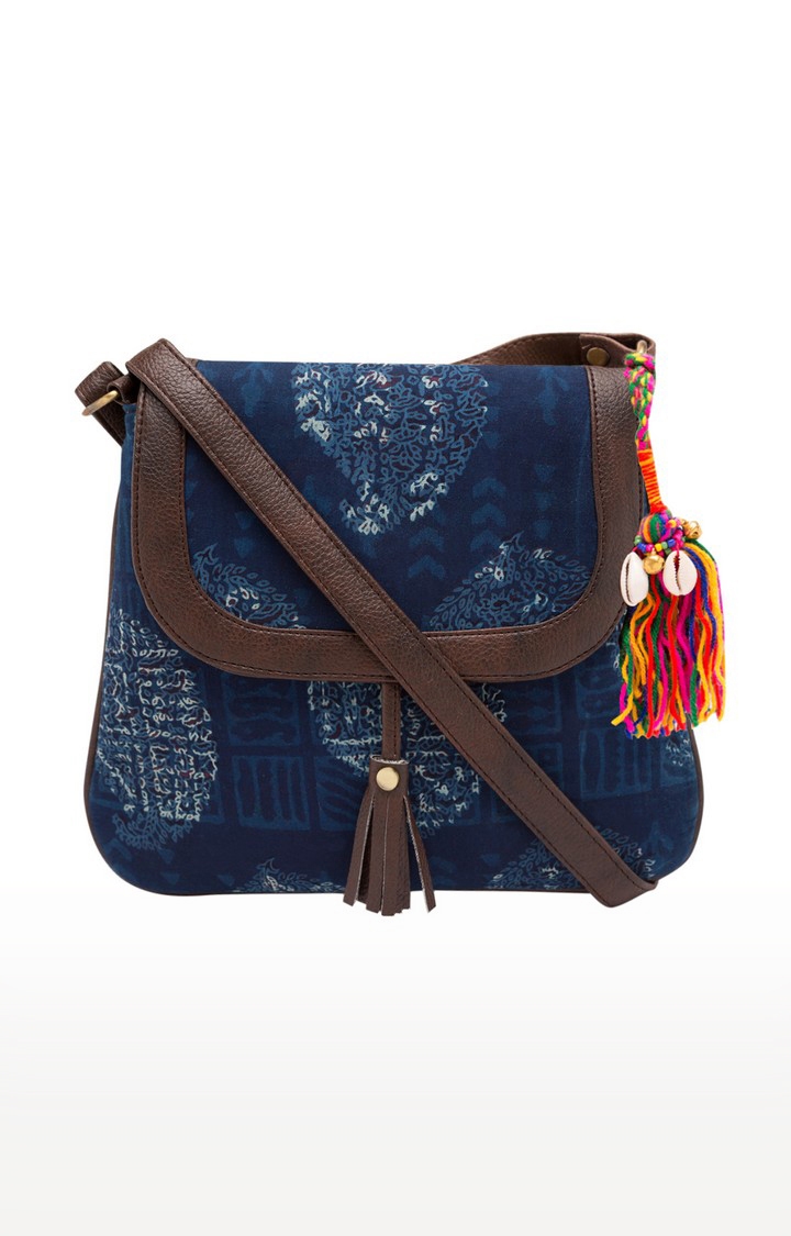 Vivinkaa | Vivinkaa Indigo Blue Tassel Printed Sling Bag 0