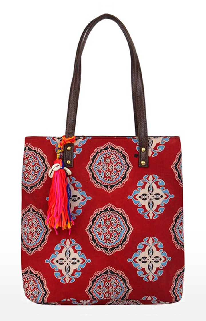 Vivinkaa | Vivinkaa Mini Red Dash Tote Ethnic Faux Leather Cotton Printed Totes Bags 0