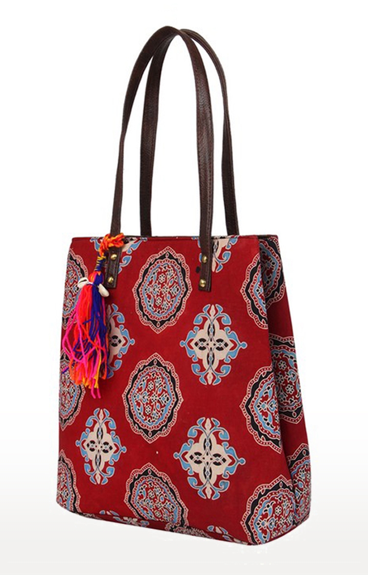 Vivinkaa | Vivinkaa Mini Red Dash Tote Ethnic Faux Leather Cotton Printed Totes Bags 3