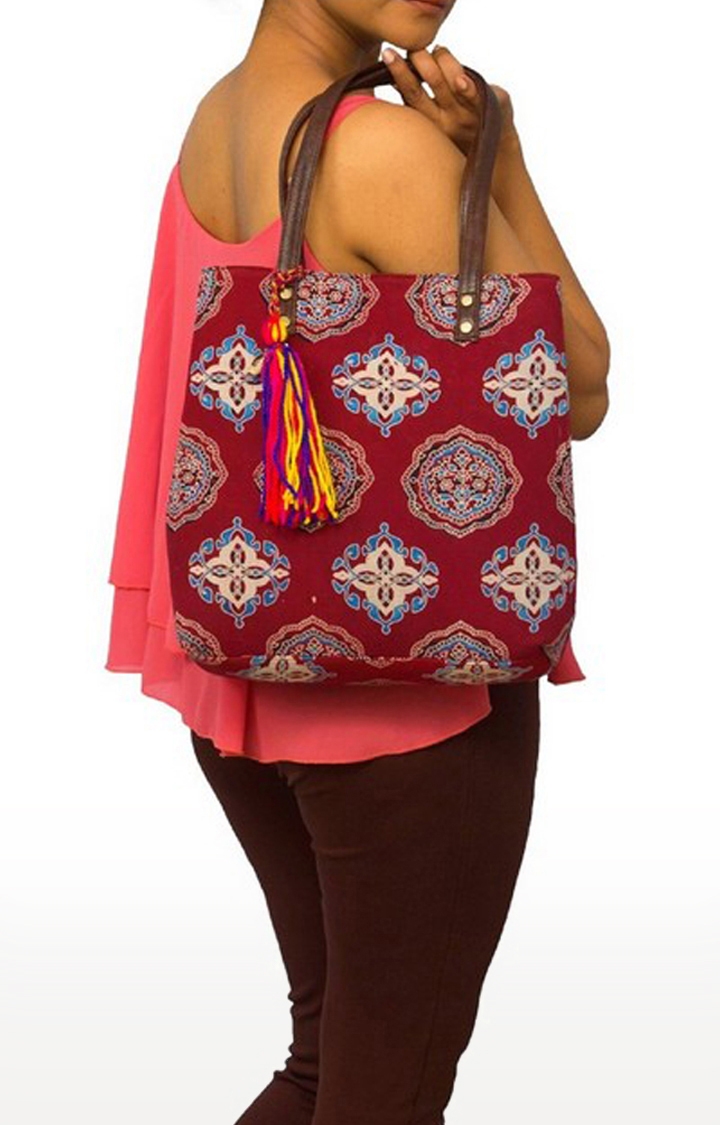 Vivinkaa | Vivinkaa Mini Red Dash Tote Ethnic Faux Leather Cotton Printed Totes Bags 6