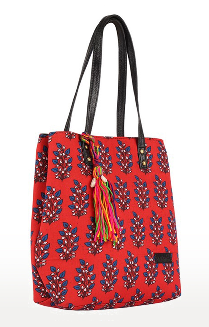 Vivinkaa | Vivinkaa Red Ethnic Faux Leather Cotton Mini Tote Printed Hand Bag 2