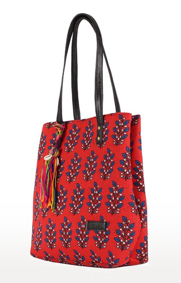 Vivinkaa | Vivinkaa Red Ethnic Faux Leather Cotton Mini Tote Printed Hand Bag 3