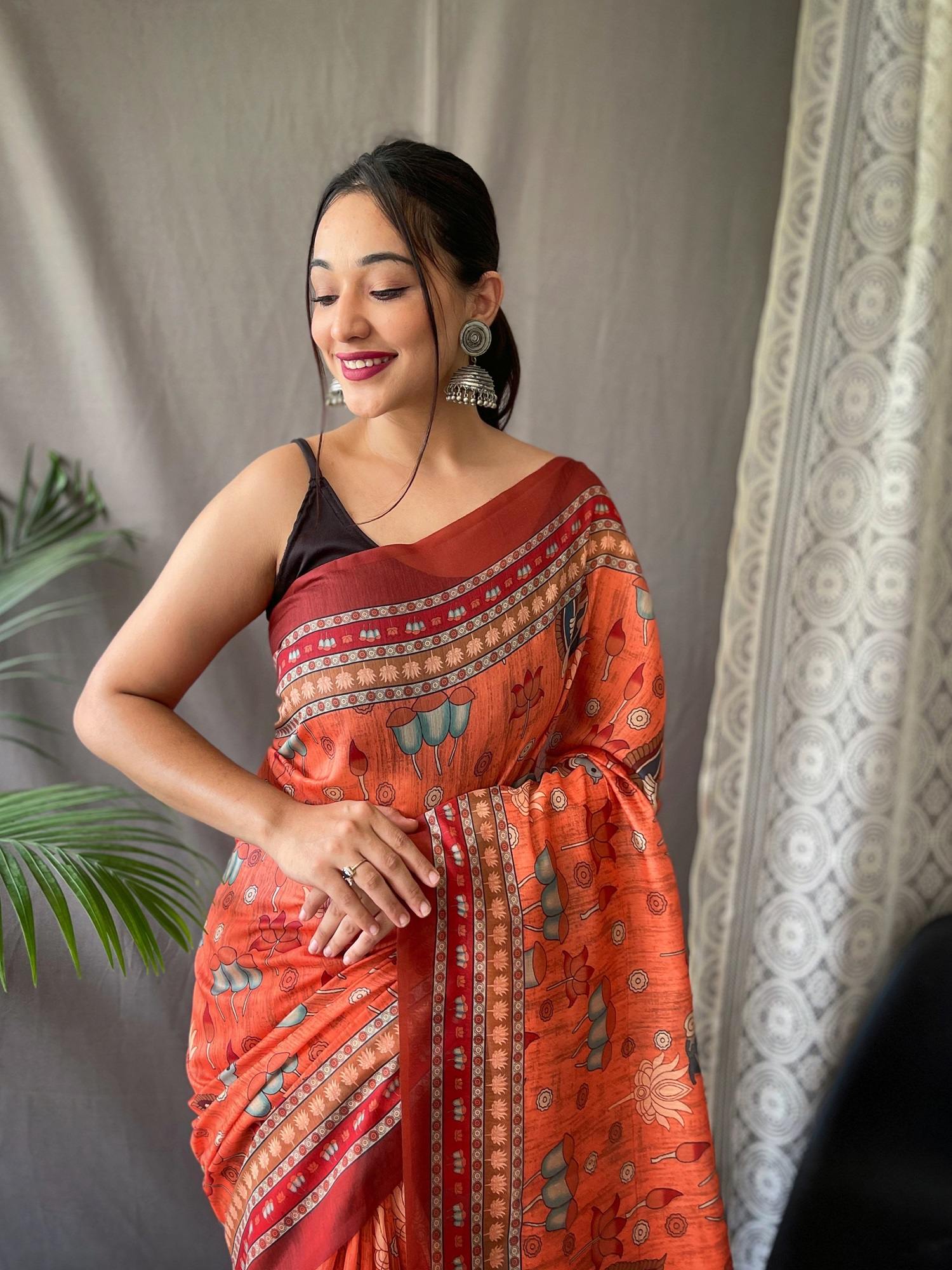 Tasarika Women Cotton Pure malai Cotton Kalamkari Prints Orange Saree kadambari_Orange
