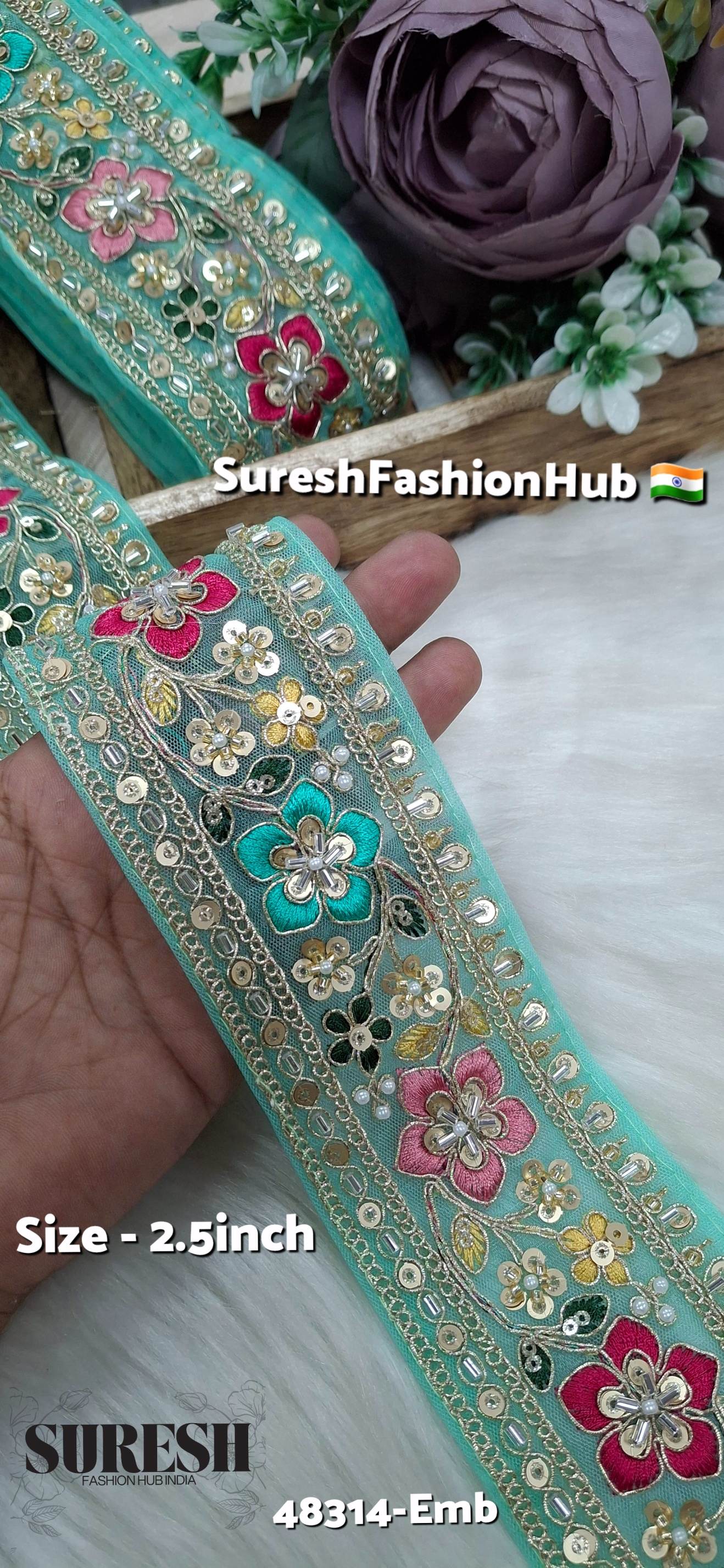 Sea Green Multicolor Kaddana Floral Embroidery Lace