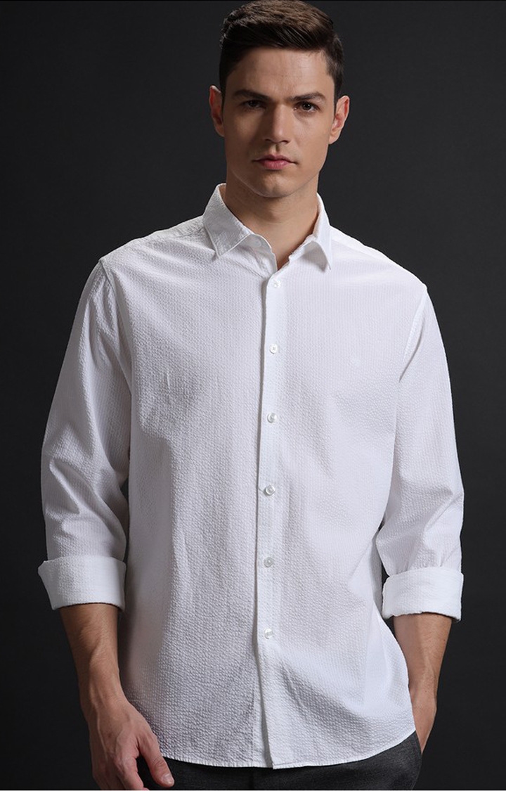 Aldeno | Men's White Cotton Textured Casual Shirt