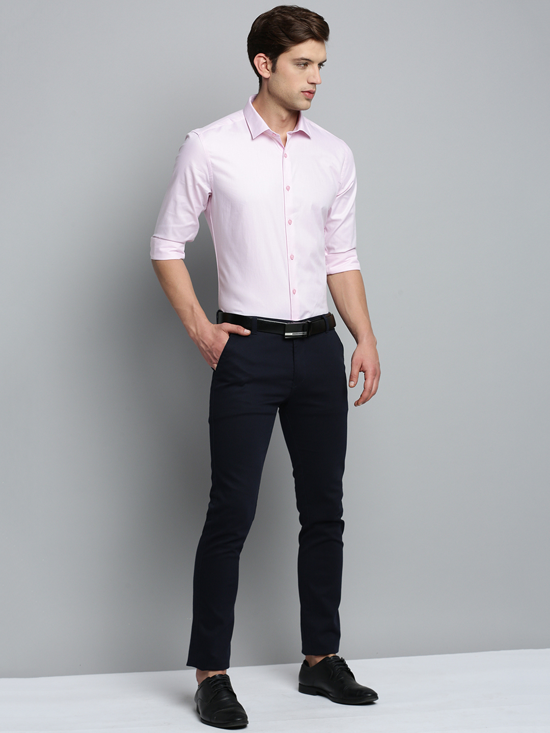 SHOWOFF Men's Spread Collar Self Design Pink Smart Shirt