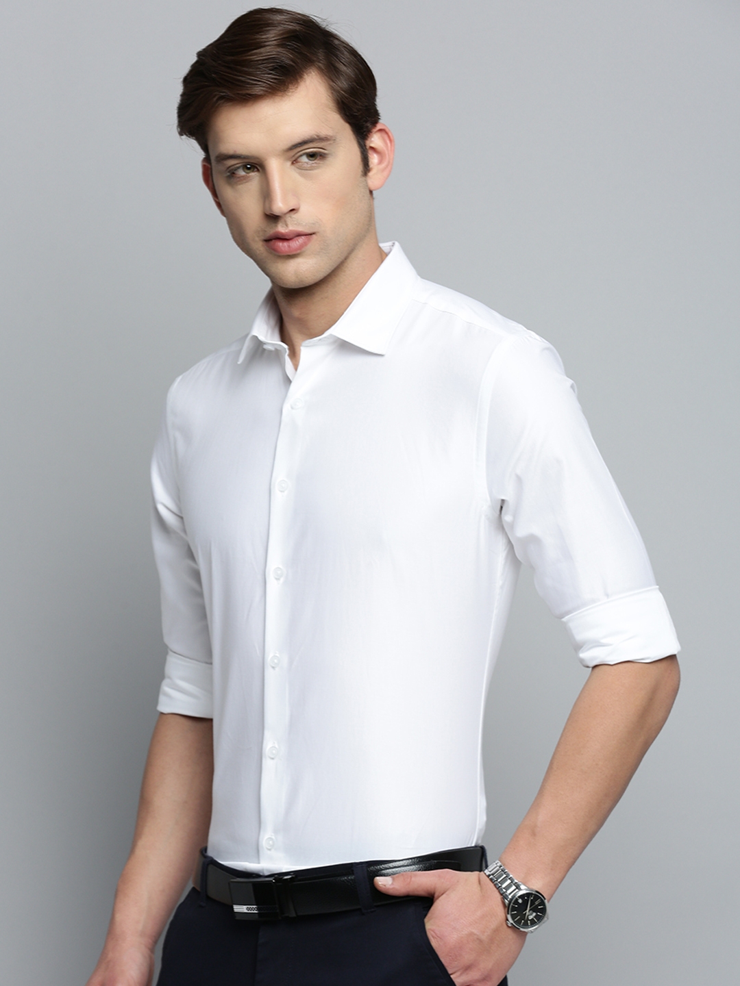 Showoff | SHOWOFF Men's Spread Collar Solid White Smart Shirt 2