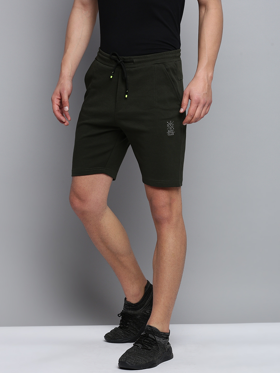 Showoff | SHOWOFF Men's Knee Length Solid Olive Mid-Rise Sports Shorts 1