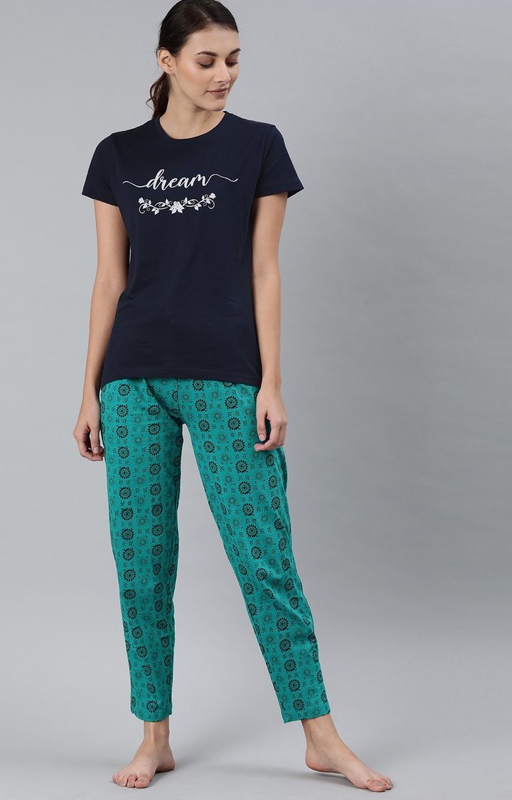Enviously Young | Navy & Ramar Green T-Shirt and Pyjama Set 0