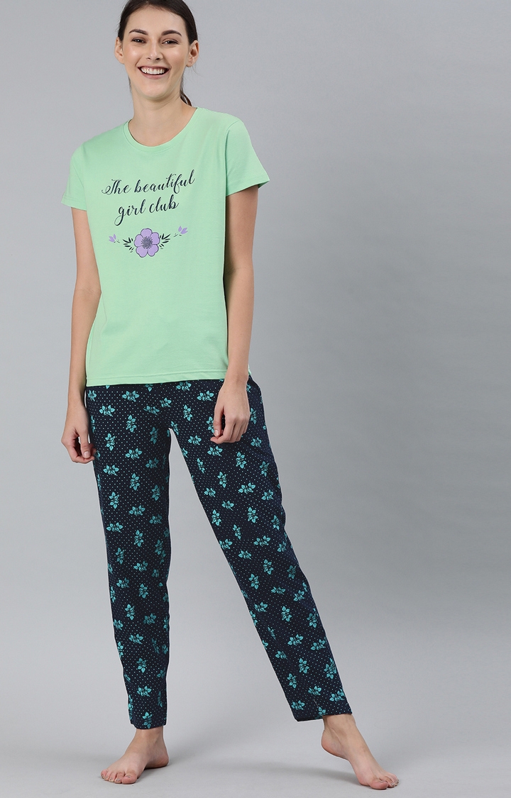 Enviously Young | Sea Green & Navy T-Shirt and Pyjama Set 0