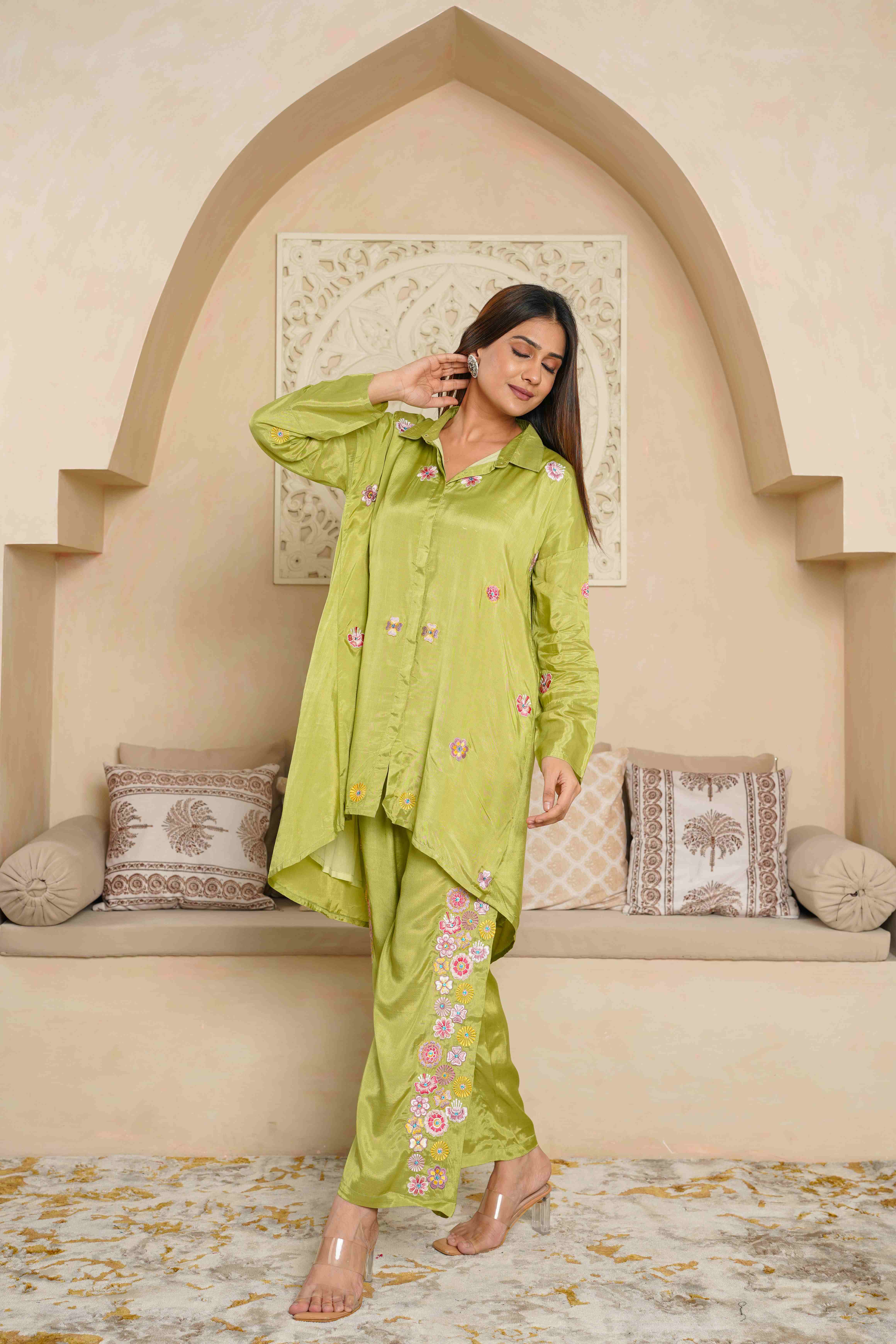 PARROT GREEN EMBROIDERED LOOSE FIT CO-ORD SET