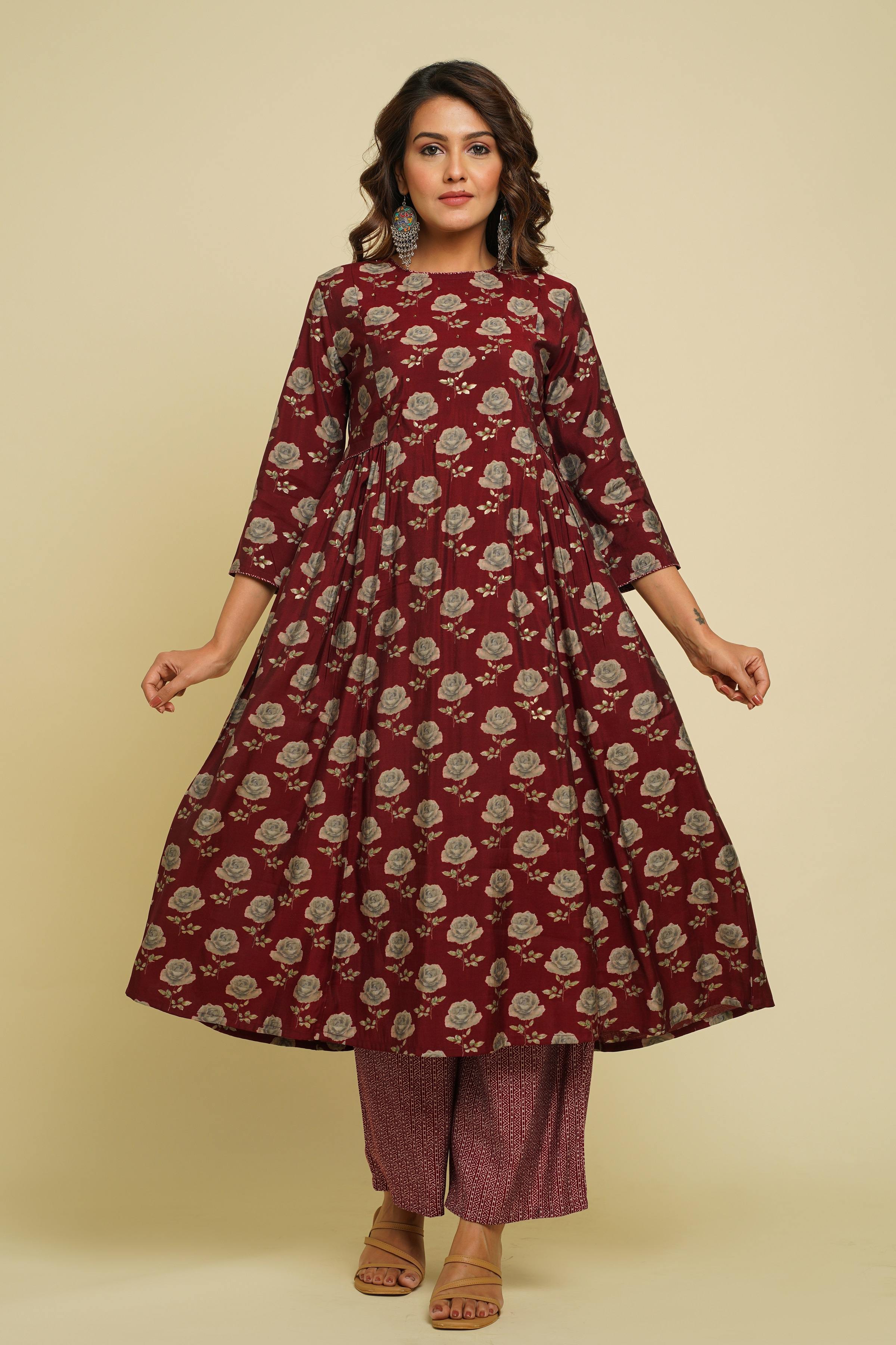 MAROON PRINTED ROUND NECK KURTA WITH PANT
