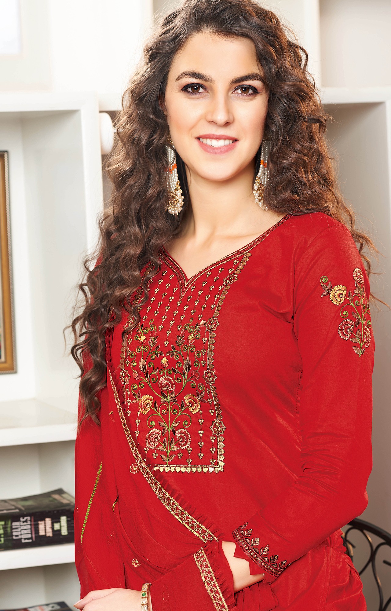 Red Color Cotton Embroidered Unstitched Dress Material-FL_PANKHUDI1092_DM