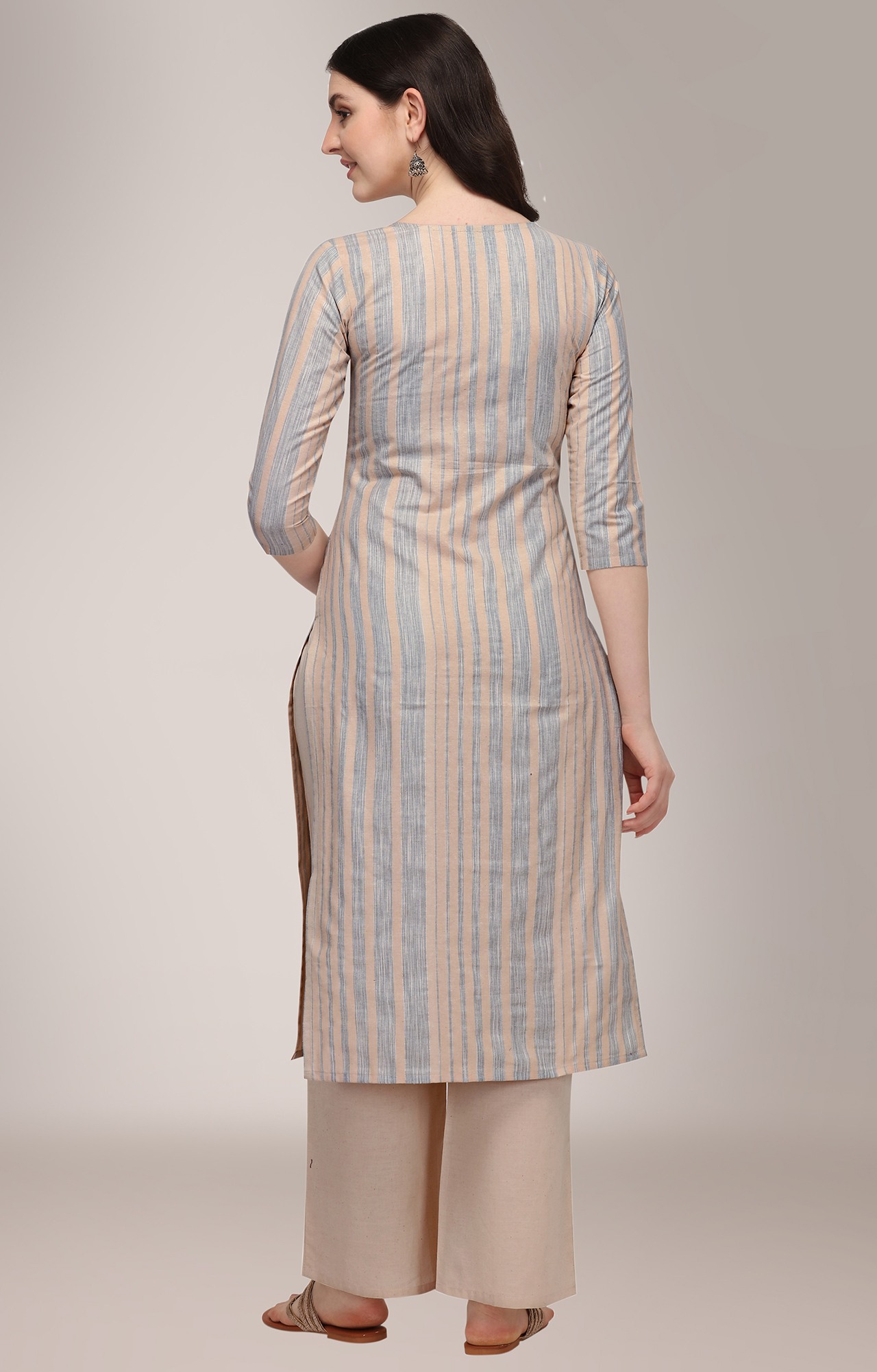 Women Grey Striped Print Casual Kurta - SNJH_HRK005GRY