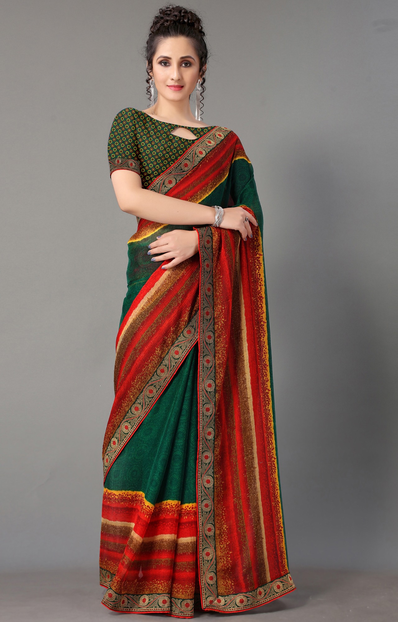 Women Dark Green Chiffon Printed Saree-S_L21SHUBHLABH31009SSR01