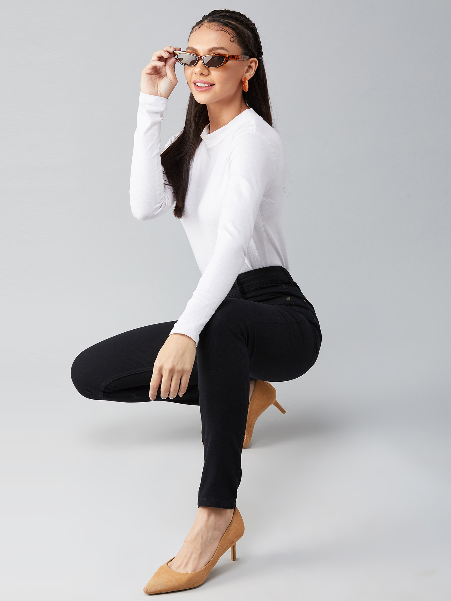 Women's Black Slim Fit High Rise Clean Look Acid Wash Regular Length Stretchable Denim Jeans