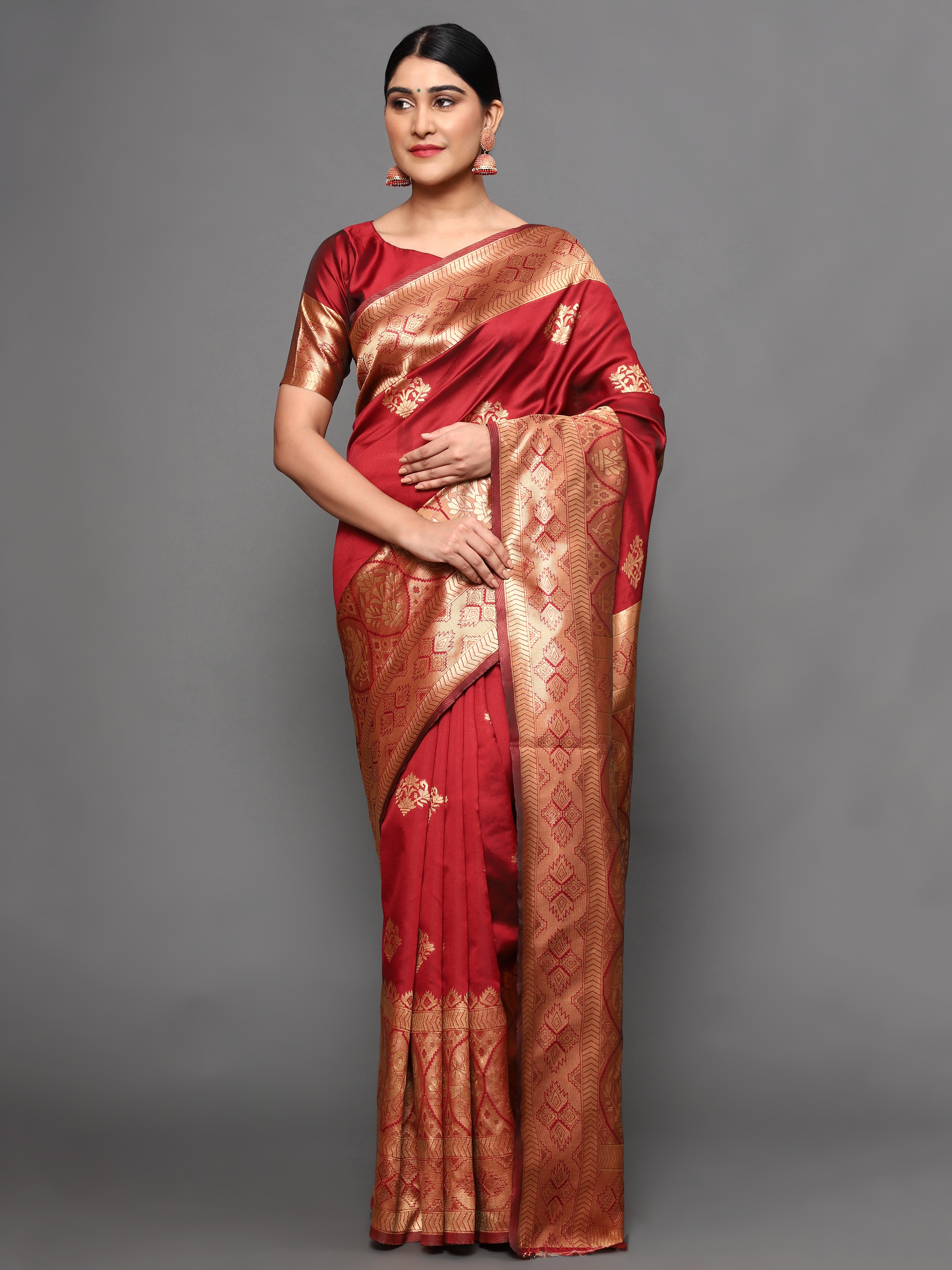 Glemora Red Beautiful Ethnic Wear Silk Blend Banarasi Traditional Saree