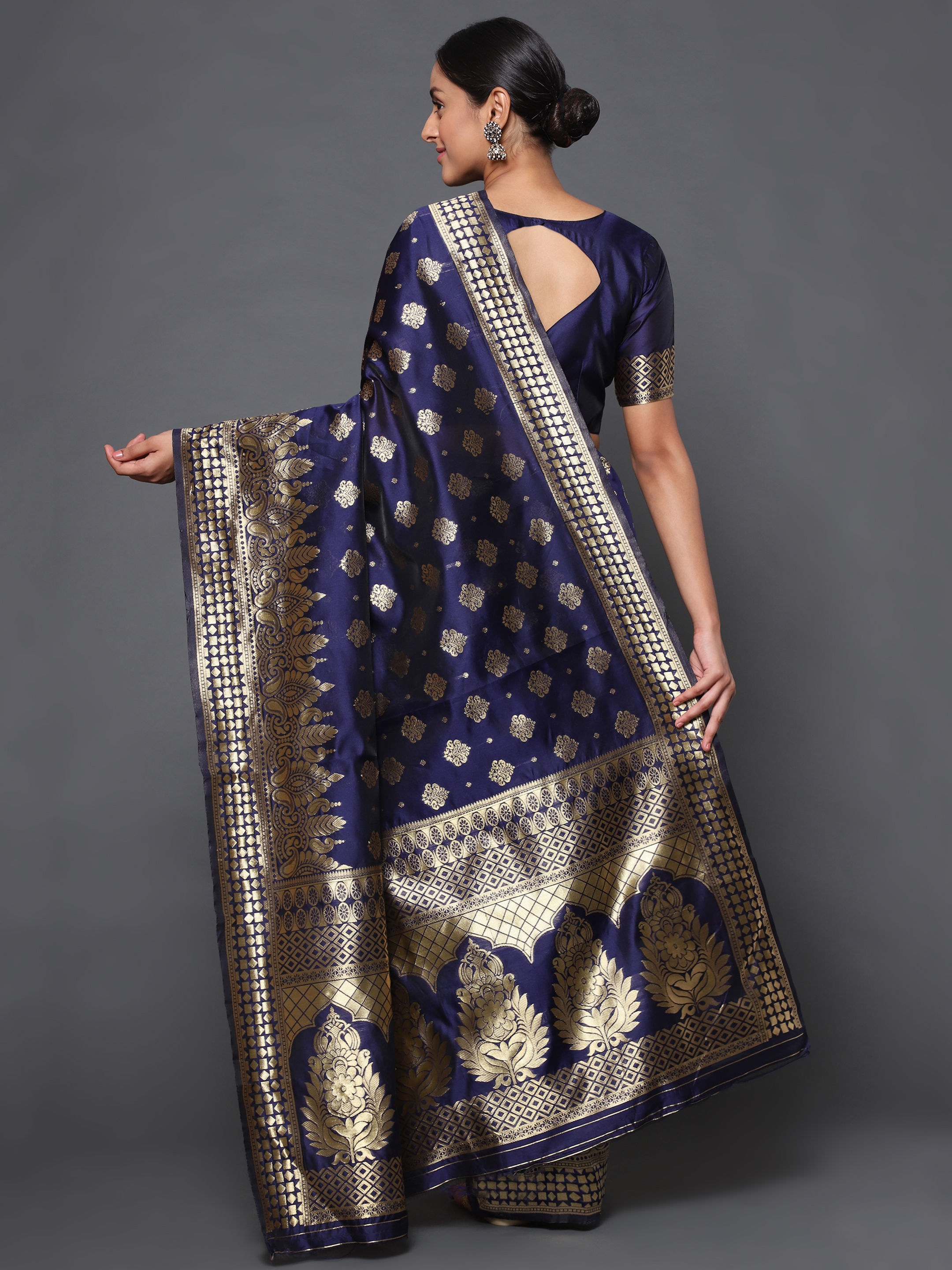 Glemora | Glemora  Nevy Blue Fancy Ethnic Wear Silk Blend Banarasi Traditional Saree 4