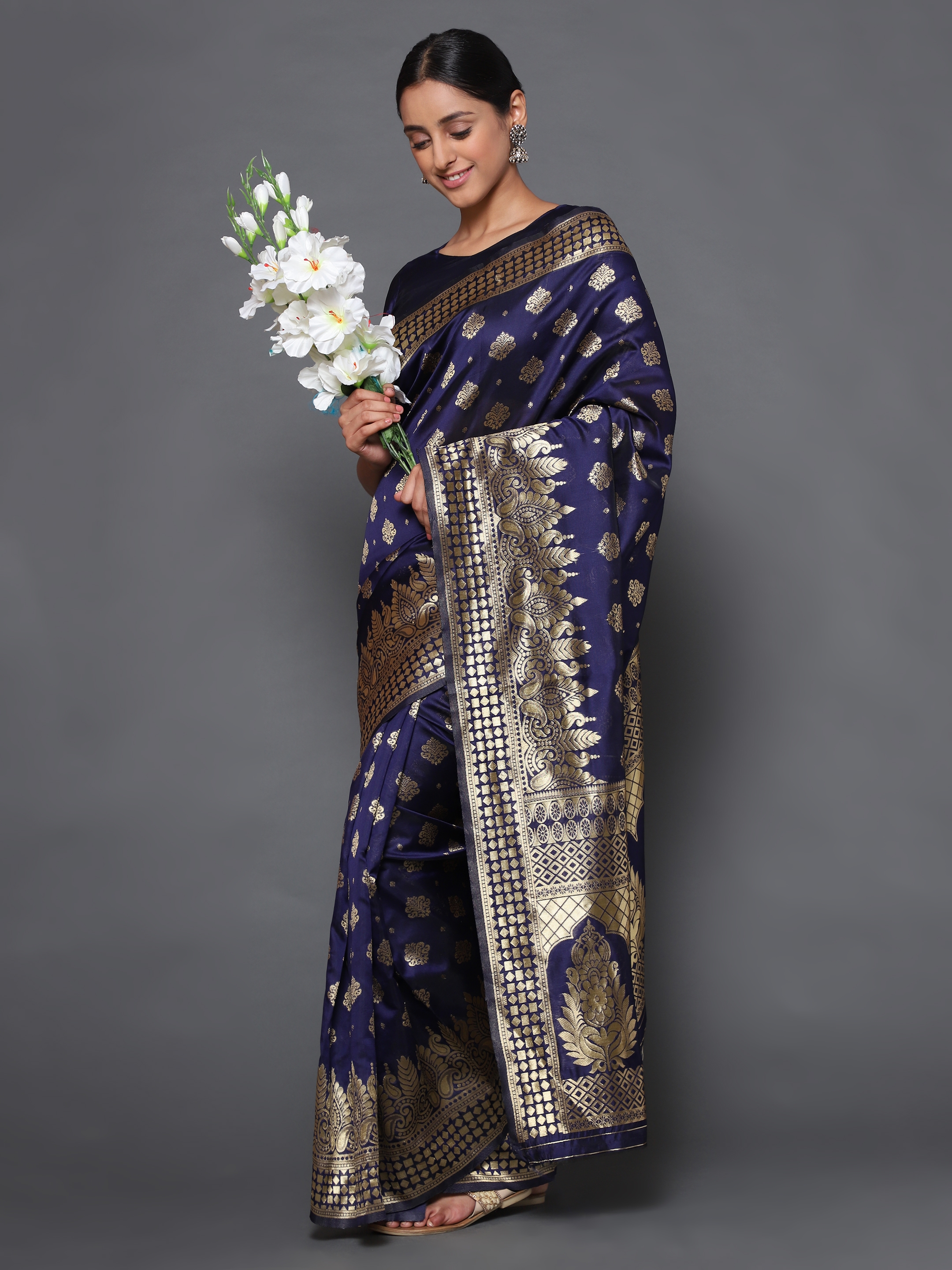 Glemora | Glemora  Nevy Blue Fancy Ethnic Wear Silk Blend Banarasi Traditional Saree 2