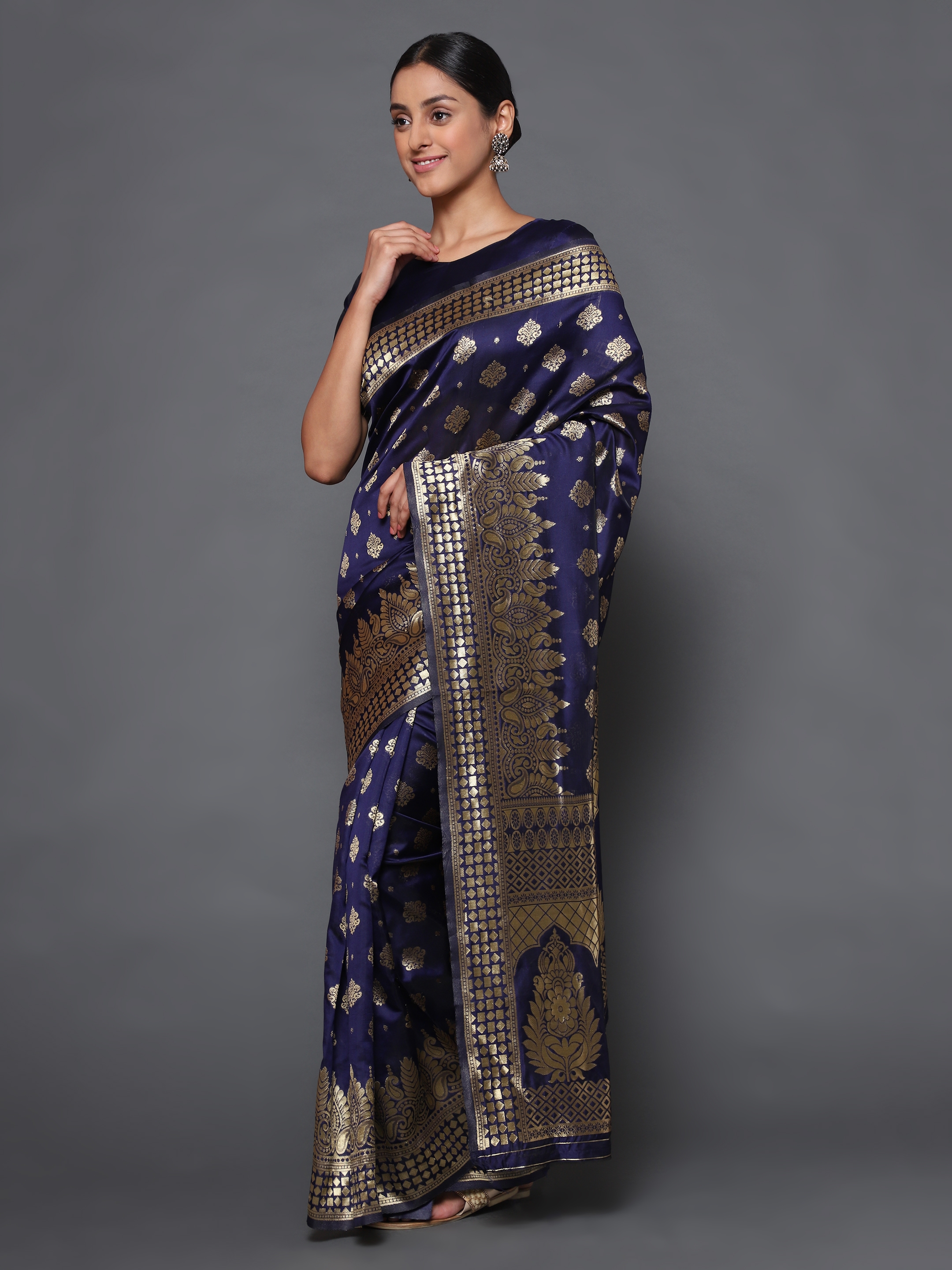 Glemora | Glemora  Nevy Blue Fancy Ethnic Wear Silk Blend Banarasi Traditional Saree 1