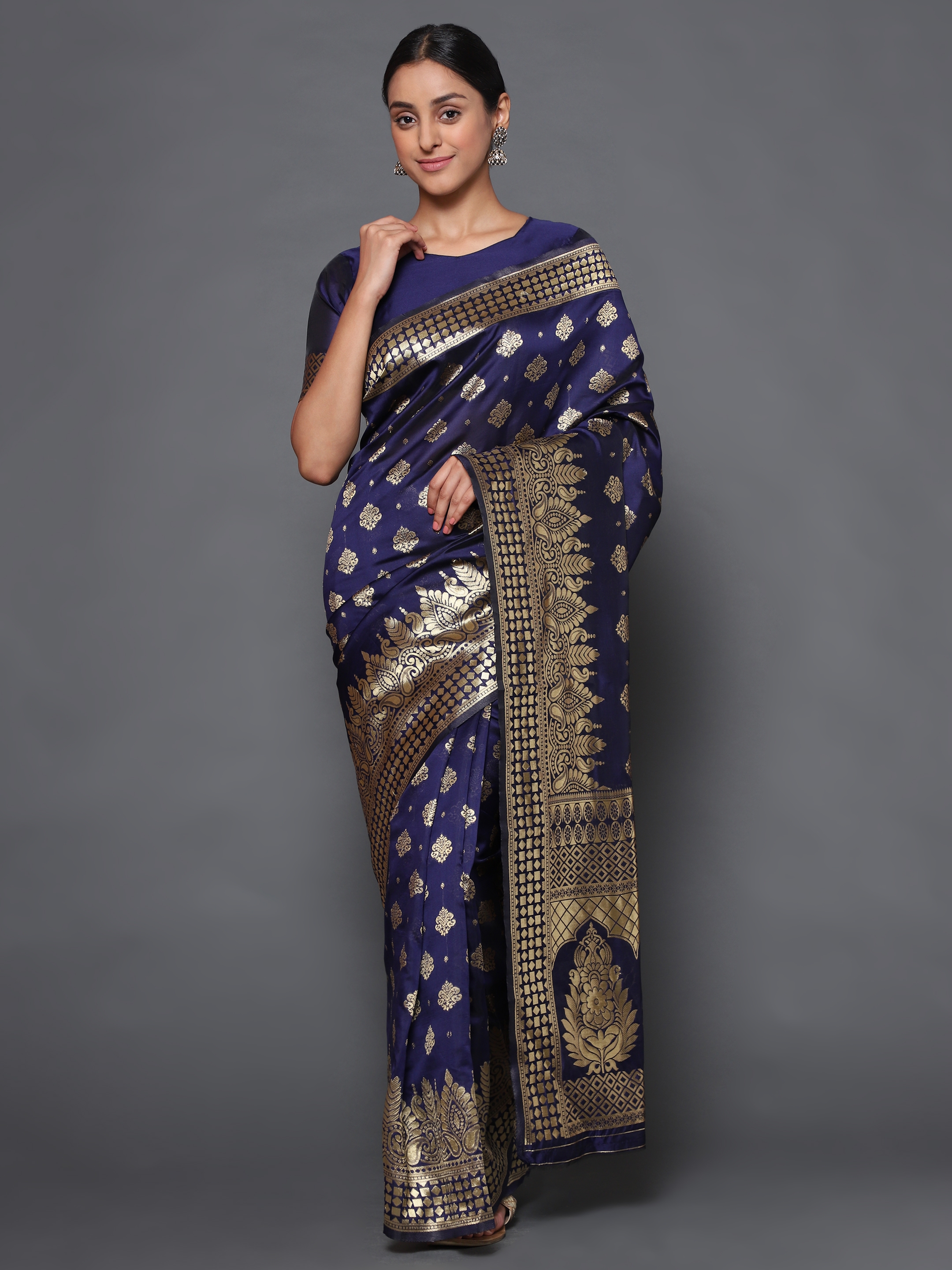 Glemora | Glemora  Nevy Blue Fancy Ethnic Wear Silk Blend Banarasi Traditional Saree 0