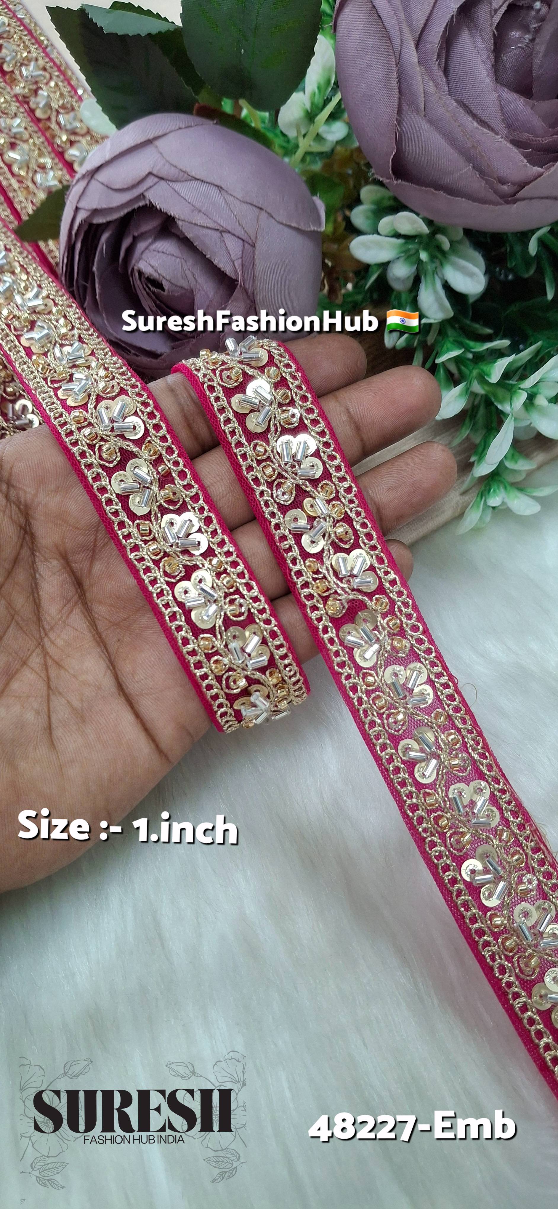 Rani Pink Pearl Embroidery Net Lace