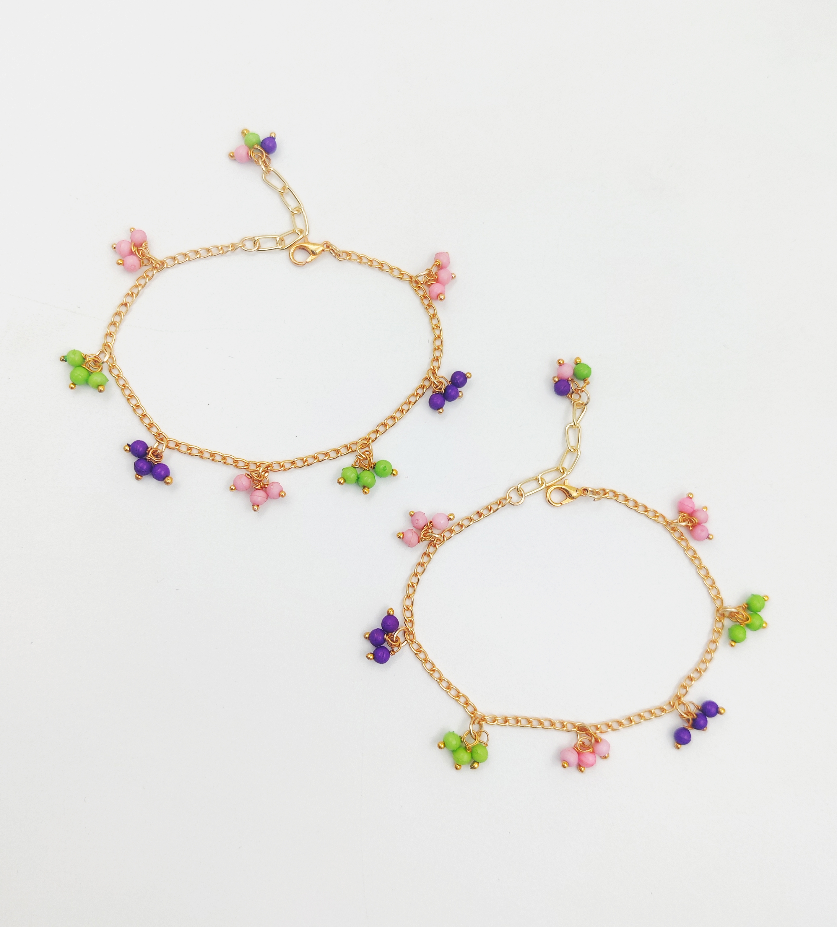 Dangling Beads Anklets - Pink, Green, Purple