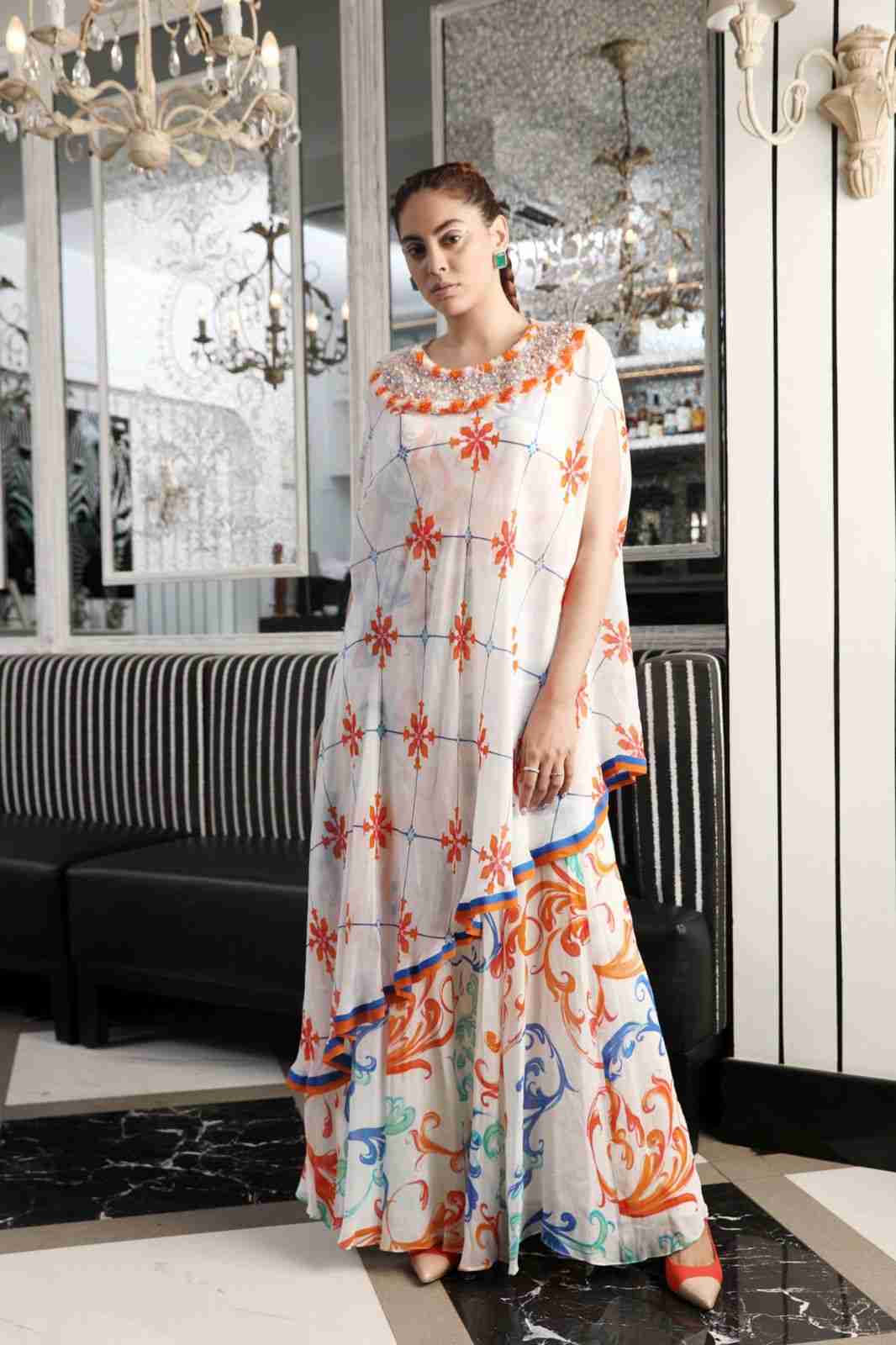 White Printed Asymmetrical Cape Sharara Set