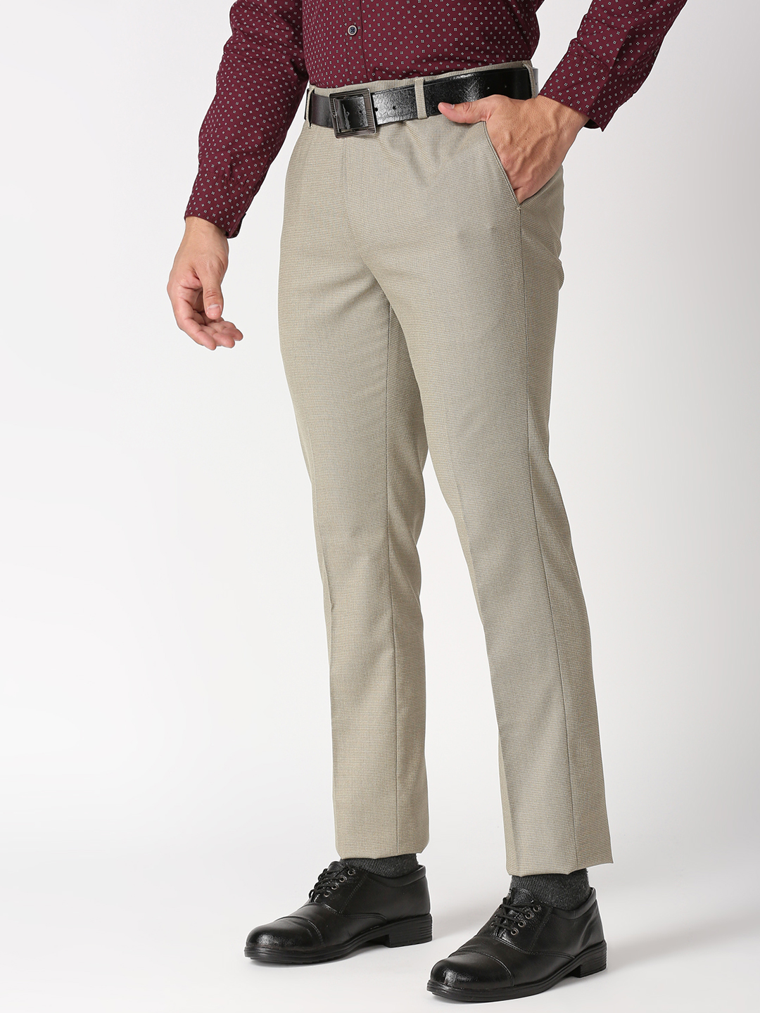 Men's Grey Polyester Checked Formal Trousers