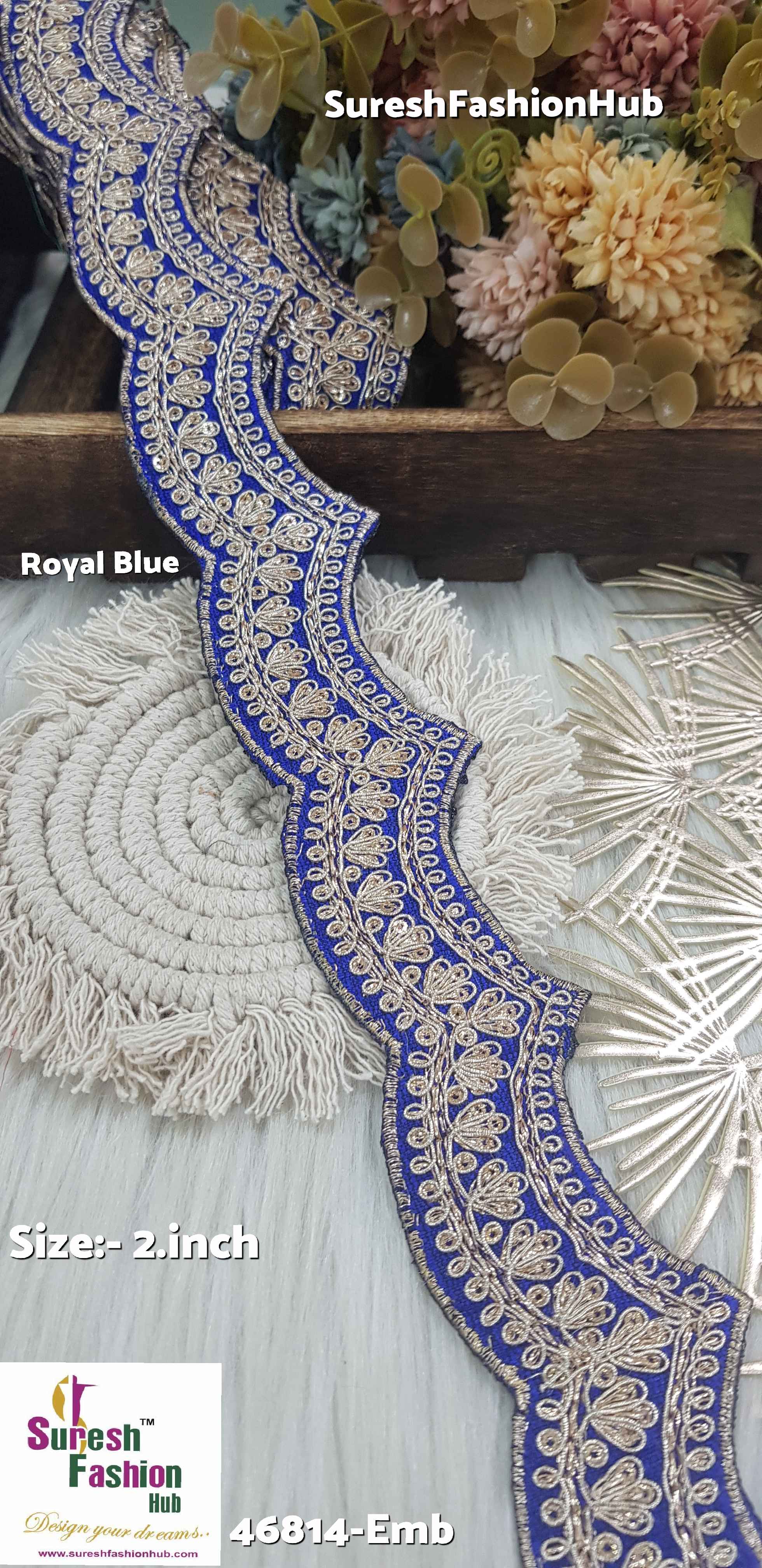 Double Scalloped Raw Silk Embroidered Royal Blue Colour Lace Roll