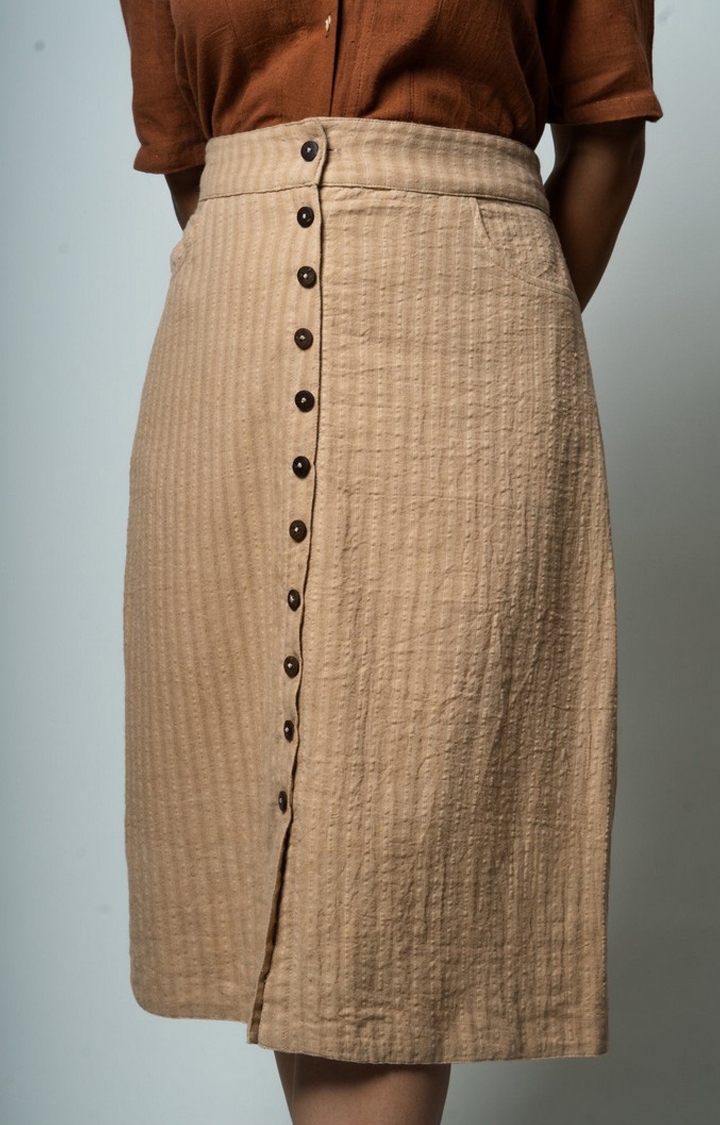 Lafaani | Women's Beige Cotton Striped Skirt