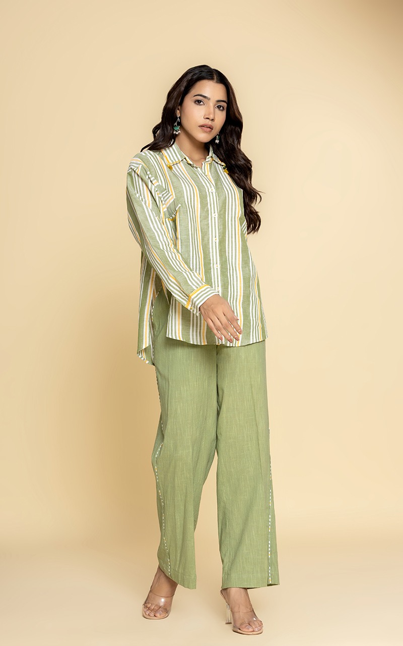 Green and yellow striped linen shirt and pants