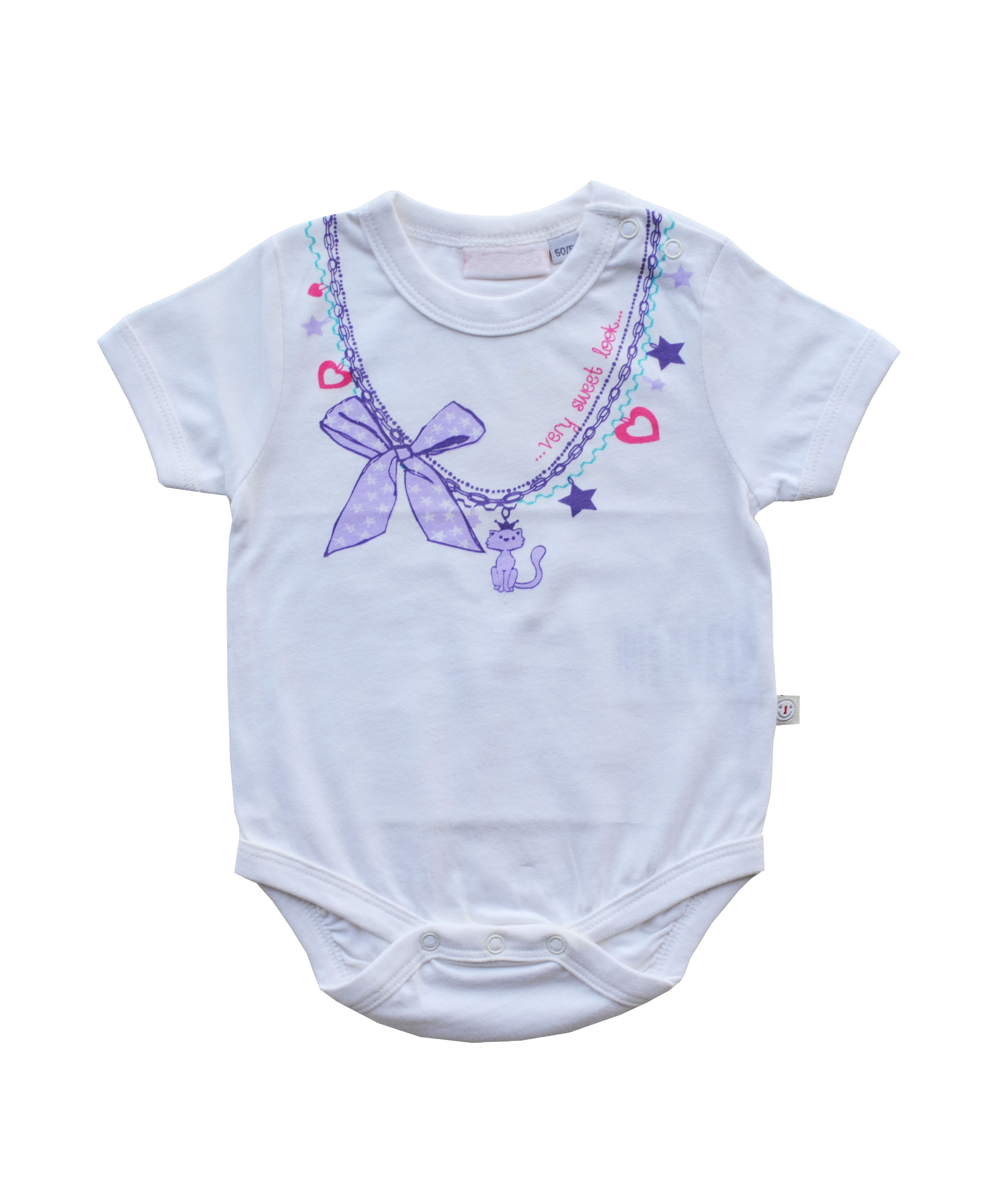 White Short Sleeve Romper/Onesie with Necklace Print (100% Cotton Single Jersey)