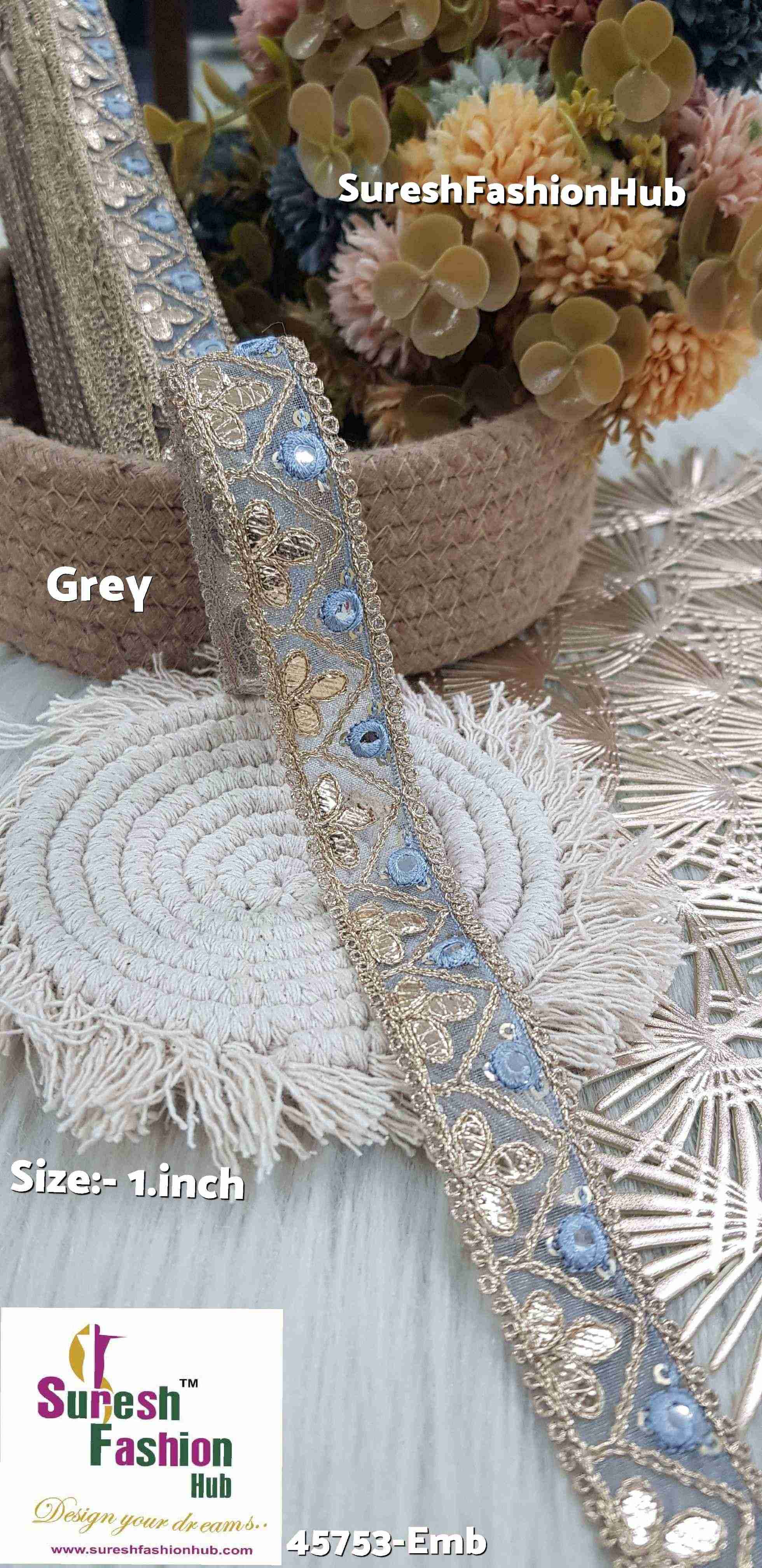 Glimmering Gota and Mirror Embroidered Grey Organza Lace