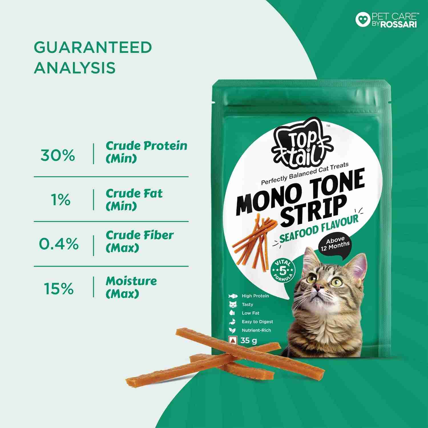 Top tail Mono Tone Strips Seafood Treats for Cats 35 g