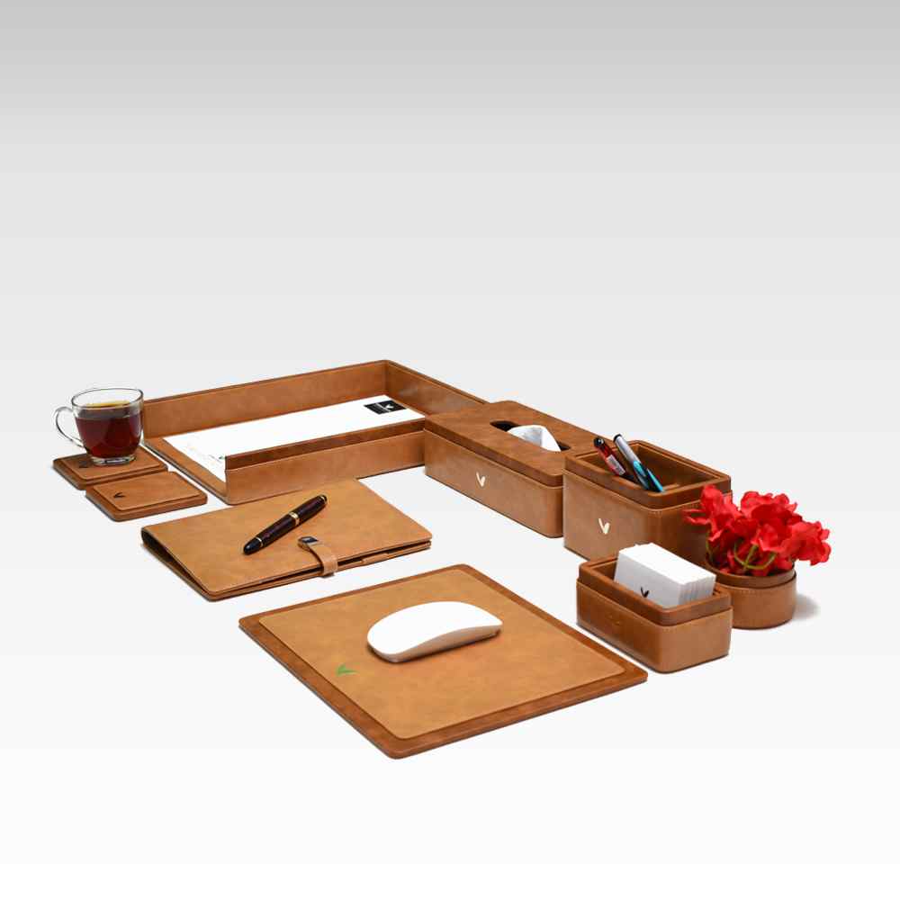 unmet-desire-ultra premium-mochino-camel-desk-set-light-set-of-tissue-box-holder-medium-pen-holder-rectangular-visiting-card-holder-desk-planter-set-of-2-coasters-A4-paper-tray-A5-personal-organizer-mouse-pad-perfect-best-selling-gift