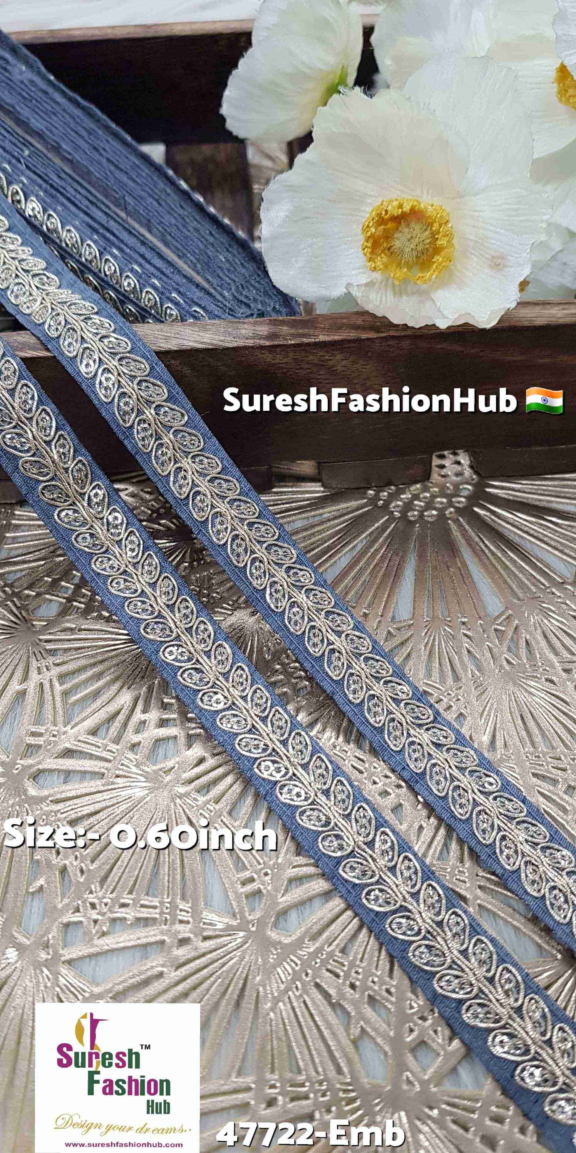 Grey Pearl Leaf Embroidered Border