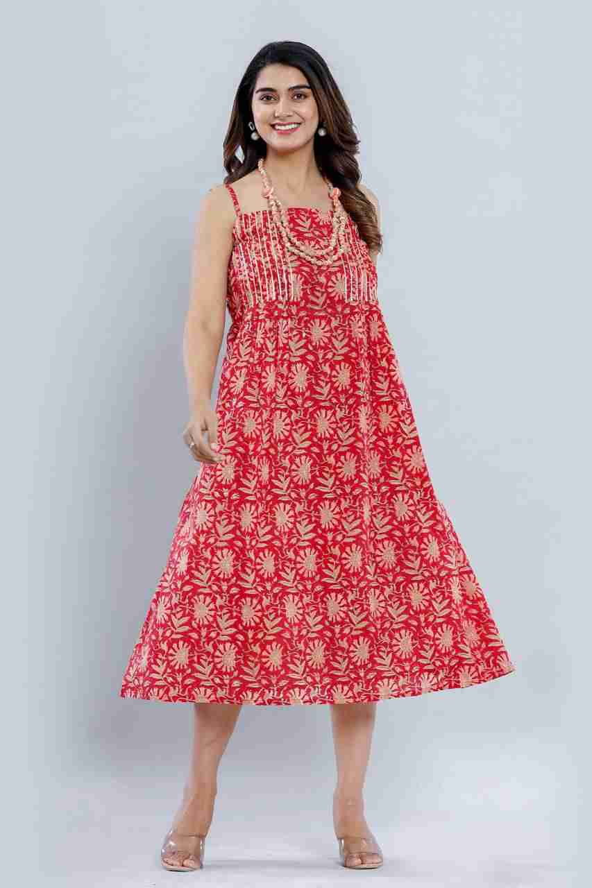 Naksh Red Orange Singlet Dress With Beaded Neck-piece