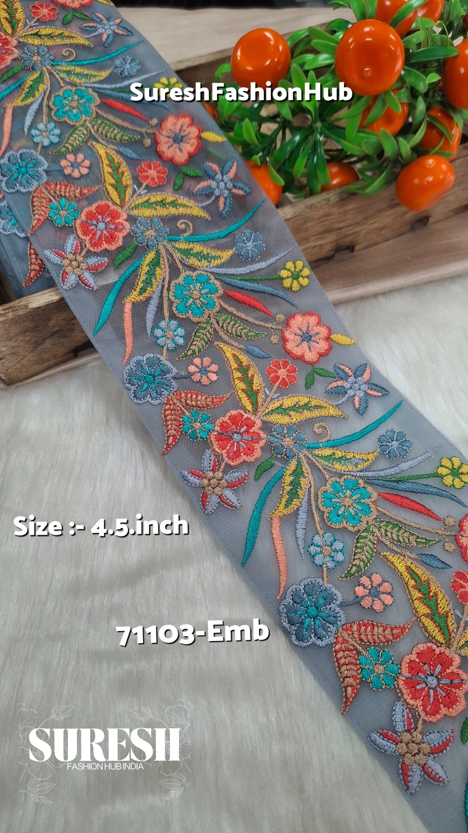 Grey Multi-Thread Floral Net Border – 71103-Emb