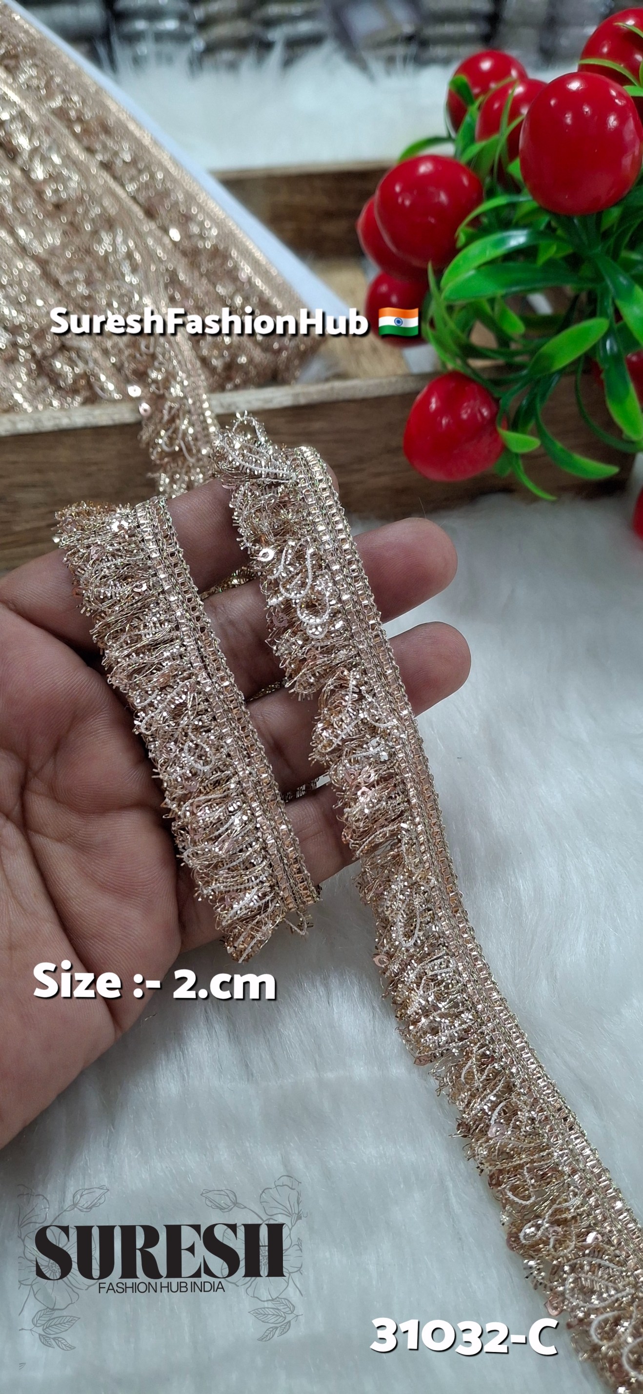 Rose Gold Zari Feather Sequin Fringe Lace – Design 31032-C